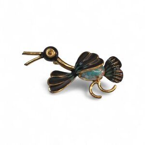 Vintage Gold-Tone Duck Brooch With Blue Mottled Glass Belly & Black Enamel